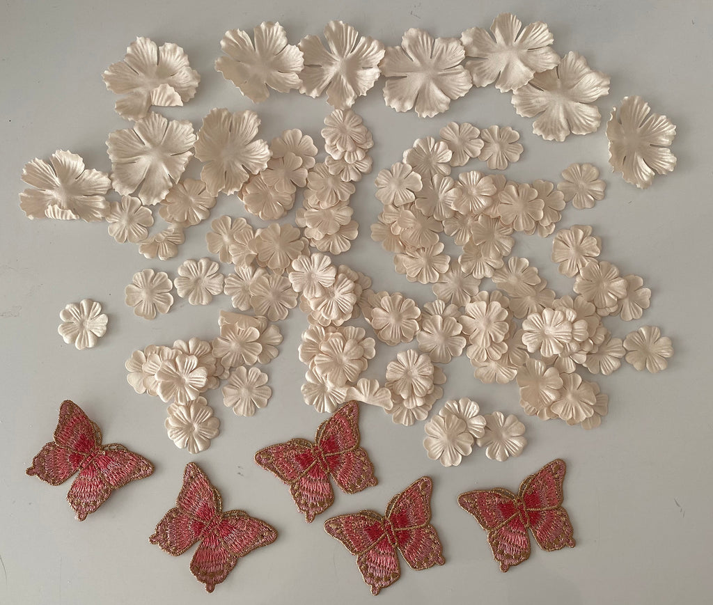 Craftuneed Bundle 141pcs Champagne satin fabric flower petals pink butterfly embroidered lace applique