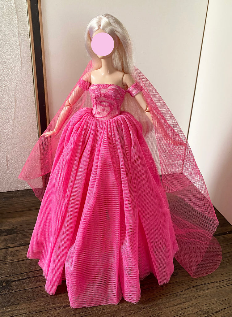 Craftuneed 1:6 miniature doll sharp pink evening ball gown mini doll lace party dress veil Handmade