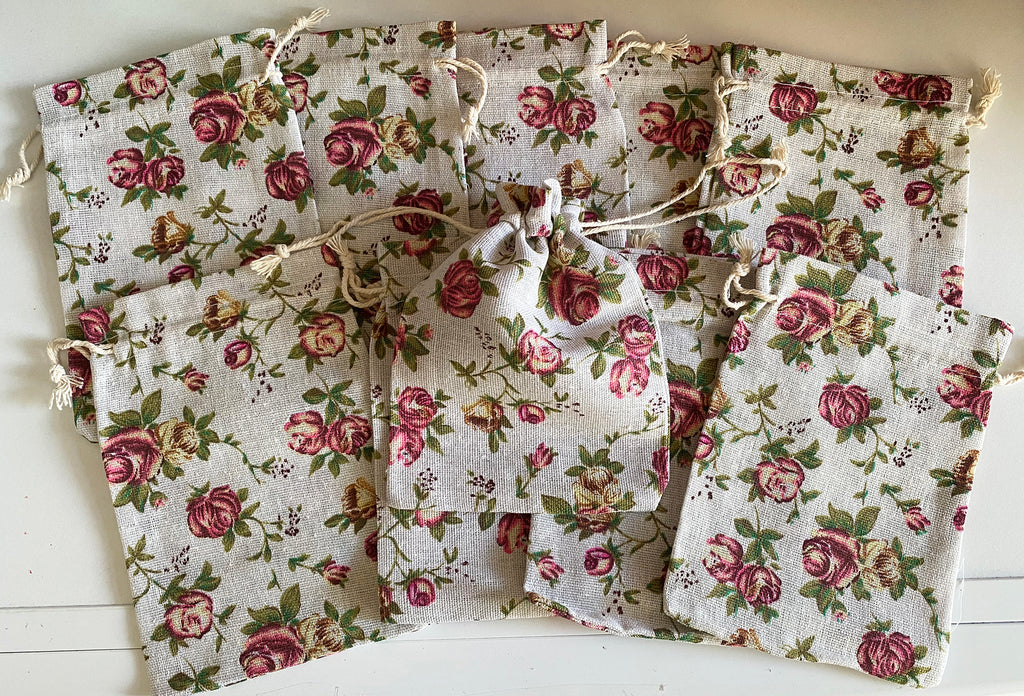 Bundle 10pcs Vintage Rose Print Drawstring Gift Bags Natural Linen Pouch Bag