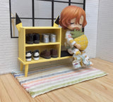 Craftuneed 1:12 Scale Dollhouse Shoe Rack & Bench Miniature Wooden Cute Yellow Entryway Shelf for Dolls