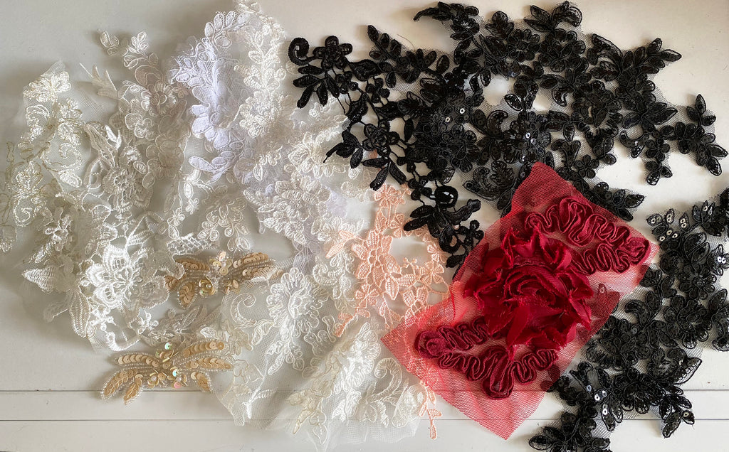 Craftuneed Bundle 14pcs ivory white black red Floral sequins lace applique Sew on Embroidered tulle lace motif patch