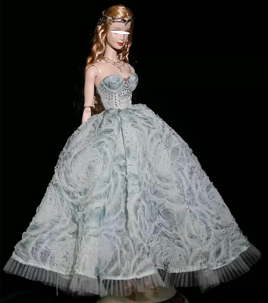 Craftuneed 1:6 Scale Luxury Blue Green Miniature Doll Ball Gown Dress with Rhinestone Bodice Petticoat & Necklace for fashion Dolls Handmade
