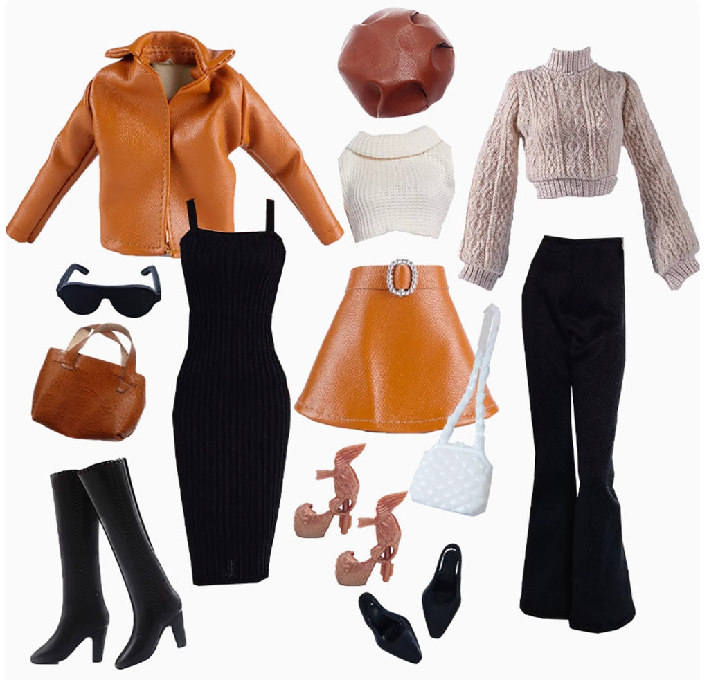 Craftuneed 1:6 Scale 13pcs Miniature Doll Fashion Faux Leather Outfit Set Clothing Dress Shoes with Accessories Brown Black
