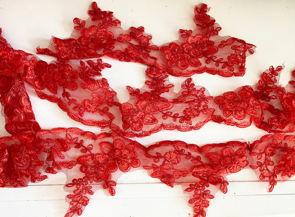 Red Embroidered Lace Trim 2.5 Meters Sew On Floral Lace Trimming For Dress DIY Craftuneed