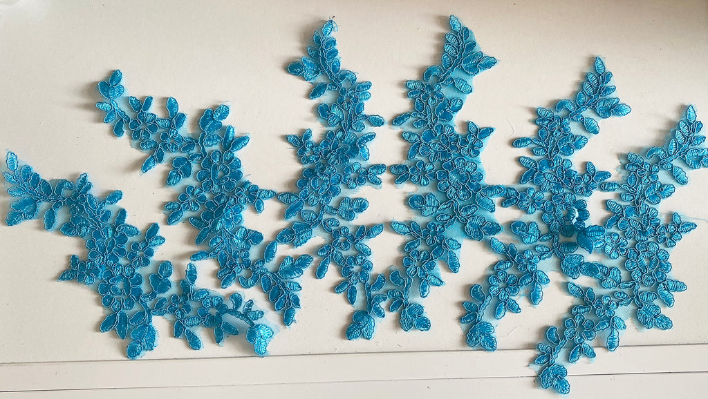 Craftuneed Bundle 6pcs Lagoon Blue embroidered lace applique sew on floral tulle lace motif patch