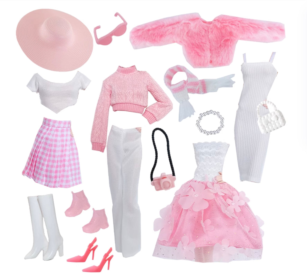 Craftuneed 1:6 Scale 16pcs Miniature Doll Fashion Outfit Set Clothing Dress Coat Shoes with Accessories Pink White
