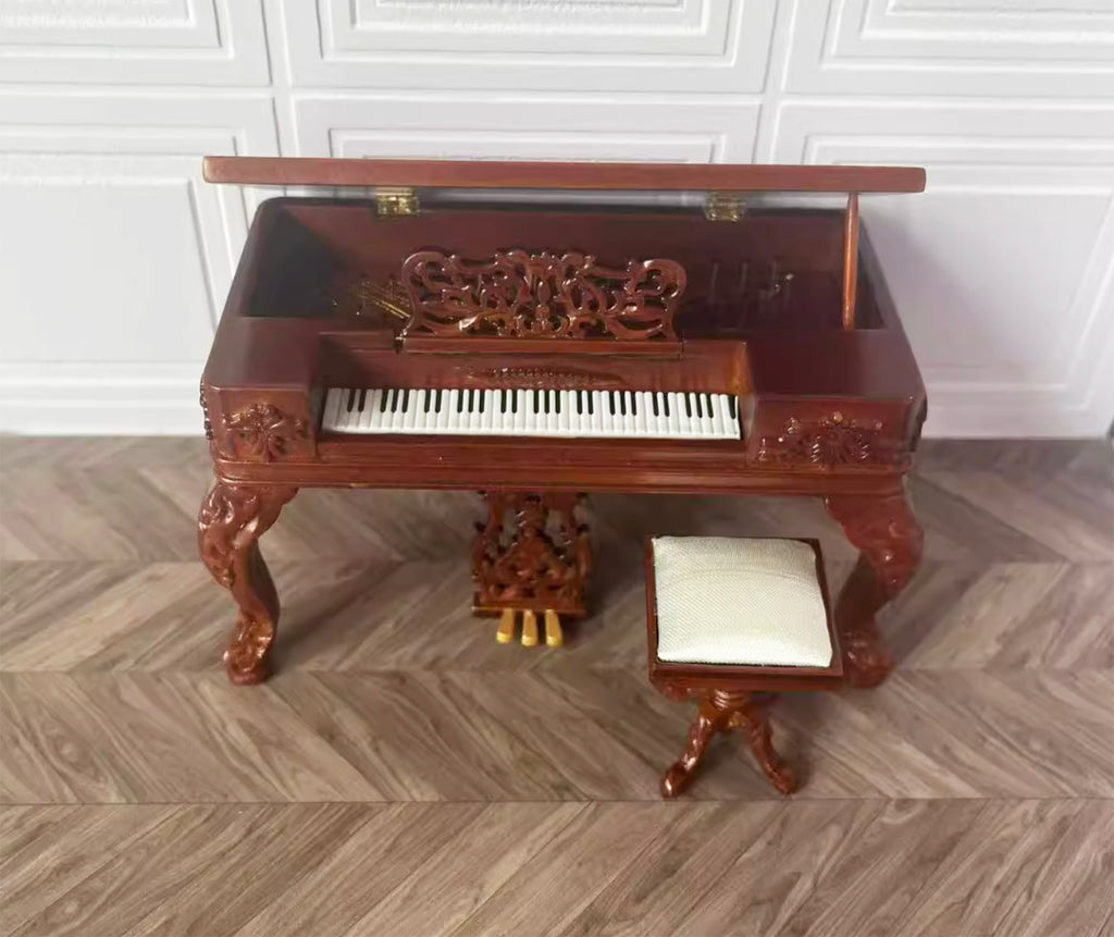 Craftuneed 1:12 Scale Miniature Victorian Style Grand Rectangular Piano & Seat Set Dollhouse Classic Music Room furniture Available in Brown or White