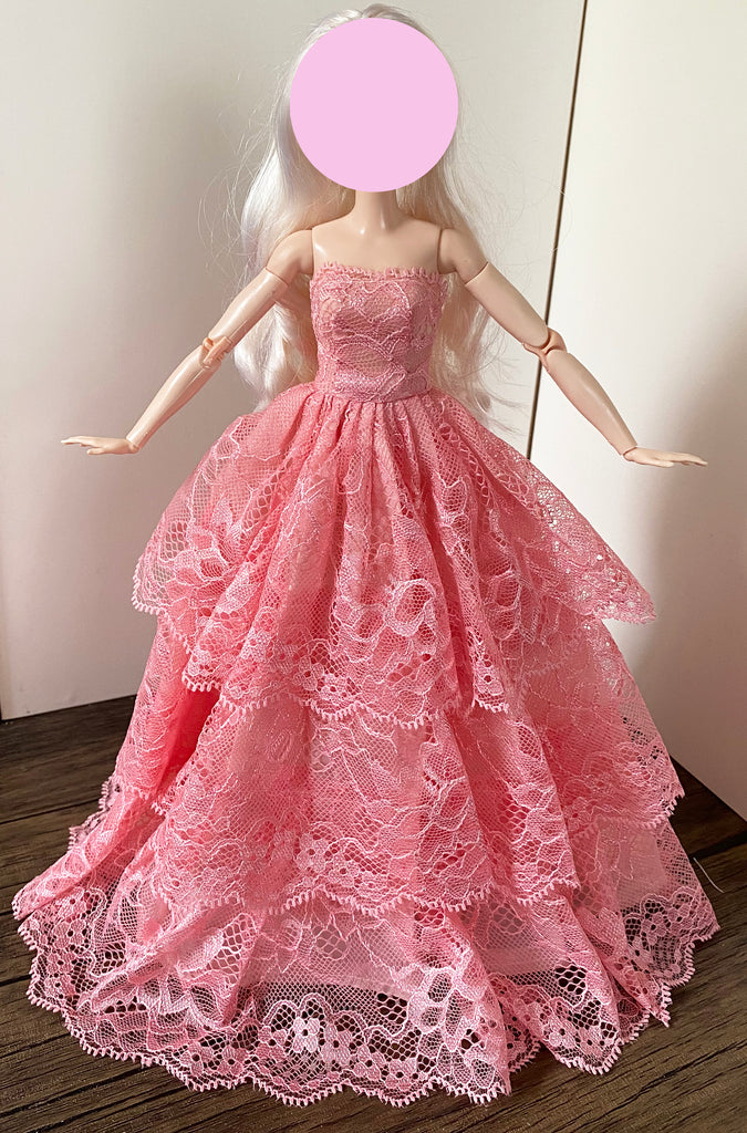 Craftuneed 1:6 miniature doll peach pink evening ball gown mini doll lace wedding dress Handmade
