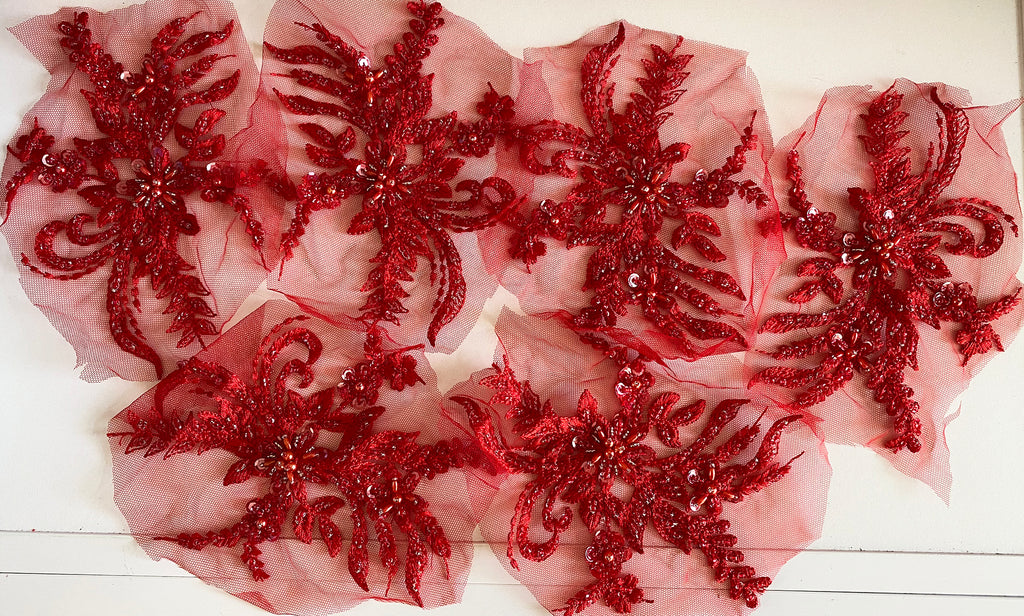 Craftuneed Bundle 6pcs Red luxury embroidered beaded lace applique floral sequins tulle lace motif patch