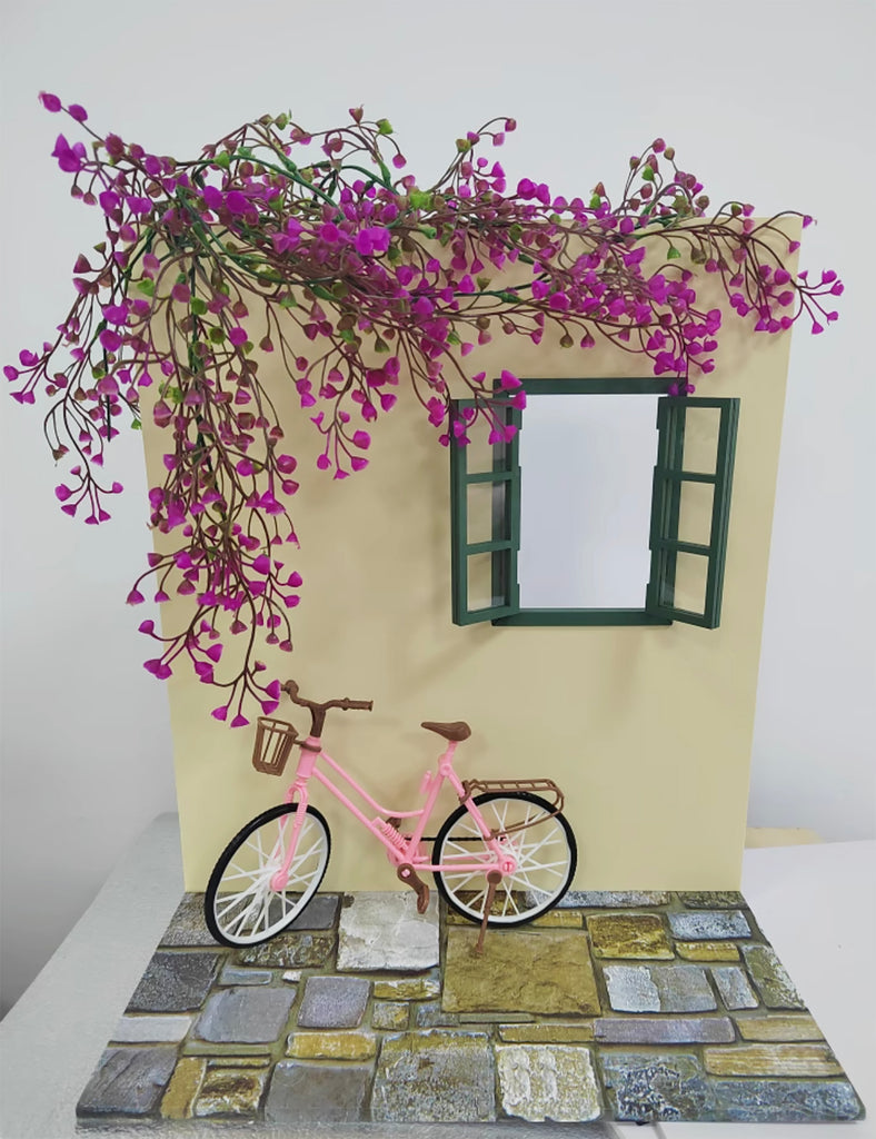 Craftuneed 1:6 scale Doll Photo Backdrop Scene Setup Miniature Dollhouse Outdoor Wall with Window Flowers and Bicycle Props For Fashion Dolls