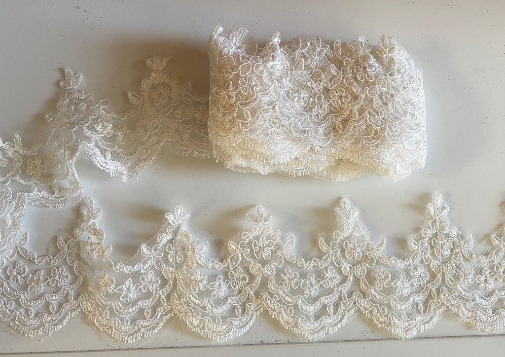 Craftuneed Bundle 4.11 Meters ivory wedding lace trim floral embroidered tulle lace trimming for Sewing