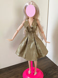 Craftuneed 1:6 miniature doll gold evening dress mini dollhouse V-Neck doll party dress Handmade