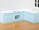 Craftuneed 1:12 Scale Dollhouse Kitchen Furniture Set Miniature Light Blue Wooden Cabinets with Sink Stove Oven Storage Units For Dolls