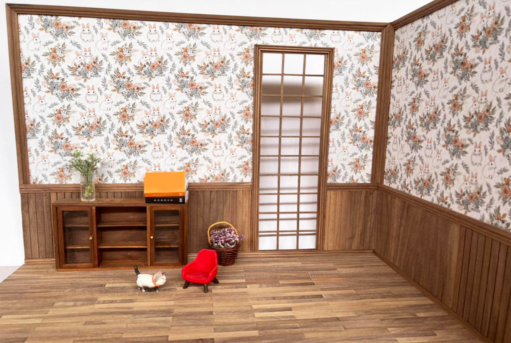 1:6 Scale Handmade Miniature Dollhouse Room Kit - Flat Pack Walnut Wooden Wall & Floor Scene