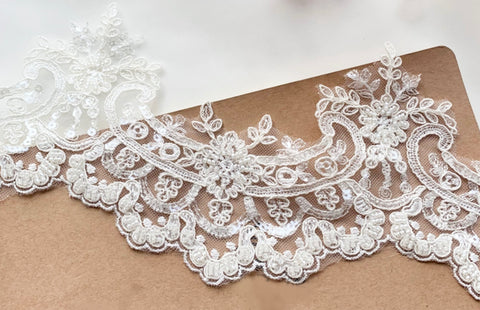 6 Yards Ivory Beaded Bridal Lace Trim Sequined Lace Edge for Wedding Dress Veil