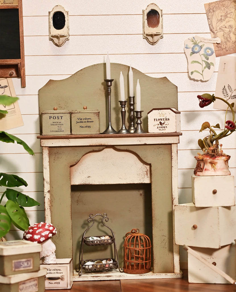 Craftuneed 1:6 Scale Dollhouse Fireplace Mantel Rustic Green Cream Victorian Style Miniature Wooden Hearth Furniture