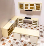 Craftuneed 1:12 Scale Dollhouse Kitchen Whole Set Miniature Cream Cabinets with Island Sink Stove Storage Units Doll Furniture