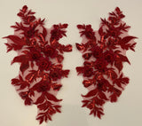 Craftuneed A Mirror Pair wine colour 3d floral lace applique sew on embroidered sequins lace motif patch