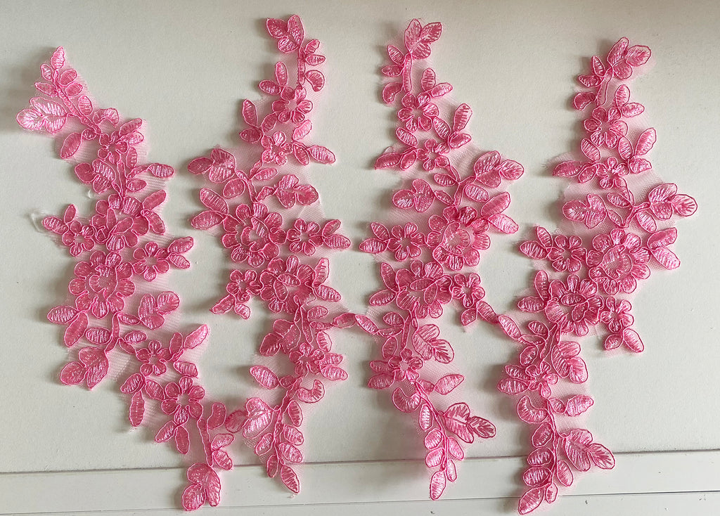 Craftuneed Bundle 4pcs Sharp Pink Floral Lace Applique Sew On Embroidered Tulle Lace Motif Patch