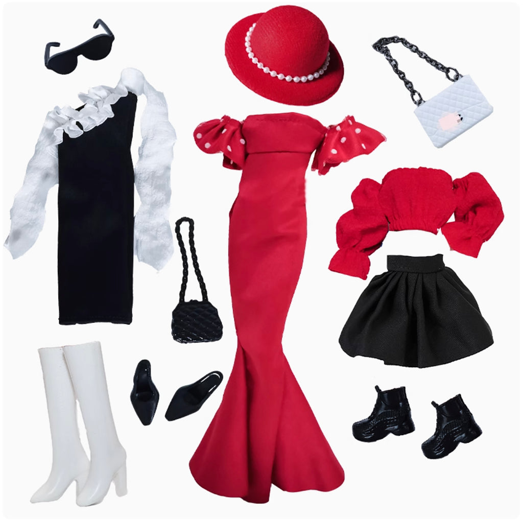 Craftuneed 1:6 Scale 11pcs Miniature Doll Fashion Outfit Set Clothing Dress Shoes Handbag with Accessories Red Black White