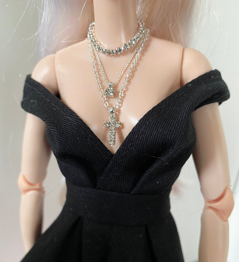 Craftuneed 1:6 miniature handmade doll Cross Charms necklace jewellery Layered Silver Tone Doll Necklace Rhinestones Accents, Gothic Punk Style
