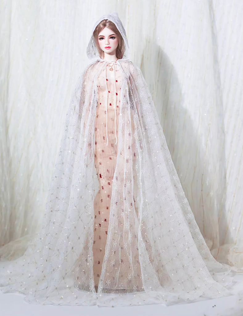 Handmade Doll Cloak with Hood Sheer White Mesh Cape (1/6, 1/4, 1/3 Scale)