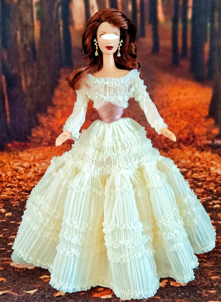 Craftuneed 1:6 Miniature Doll Vintage Style Ivory Layered Ruffled Gown Dress with Satin Waistband Handmade