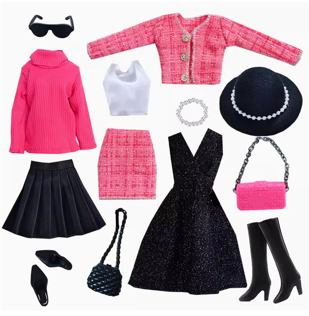 Craftuneed 1:6 Scale 13pcs Miniature Doll Fashion Outfit Set Clothing Dress Shoes with Accessories Pink Black