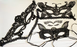 Bundle 4 Pcs Black Lace Masquerade Eye Mask & Sticker Set - Gothic, Cat Ears, Butterfly For Halloween, Party, Cosplay, Costume Accessories