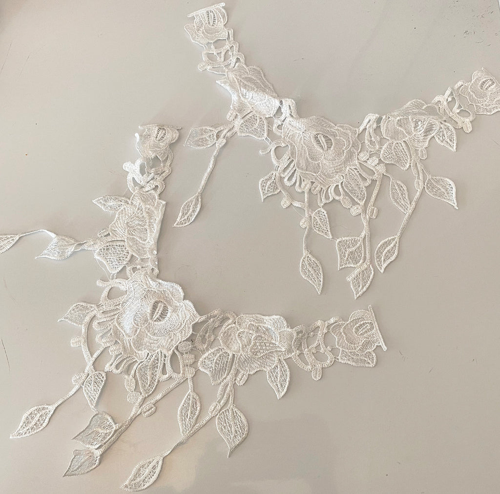 Craftuneed Bundle 2pcs ivory floral lace collar applique sew on cotton embroidered lace motif patch