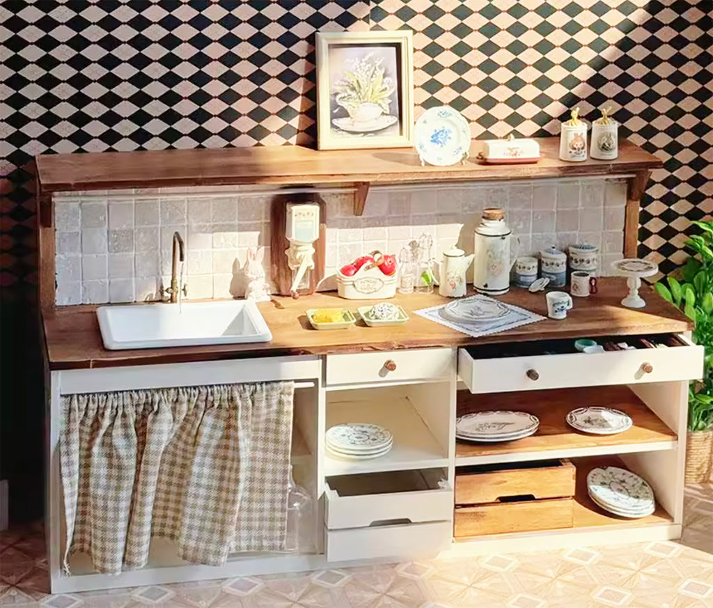 1:6 Scale Kitchen Sink Bar Counter Miniature Dollhouse Kitchen Wooden Countertop with Sink & Shelves Cabinet Furniture