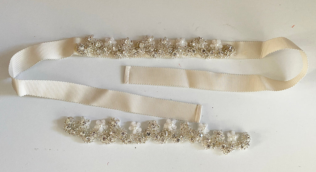 Handmade Rhinestone & Faux Pearl Motif Bridal Bracelet or DIY Applique Ivory Beaded Embellishment on Ribbon Craftuneed