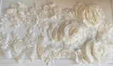 Craftuneed Bundle 5pcs ivory beaded sequins lace applique sew on 3D Pearl Flower motif patch for sewing diy