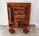 Craftuneed 1:12 Scale Miniature Dollhouse Wooden Wardrobe Cabinet with Drawers Baskets Mirror Victorian Style Doll Storage Furniture