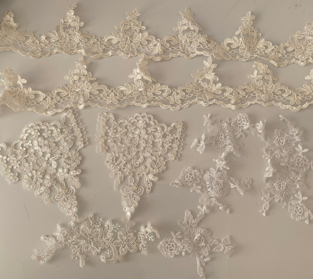 Craftuneed Bundle 10pcs ivory white floral sequins lace applique motif patch sew on lace trim