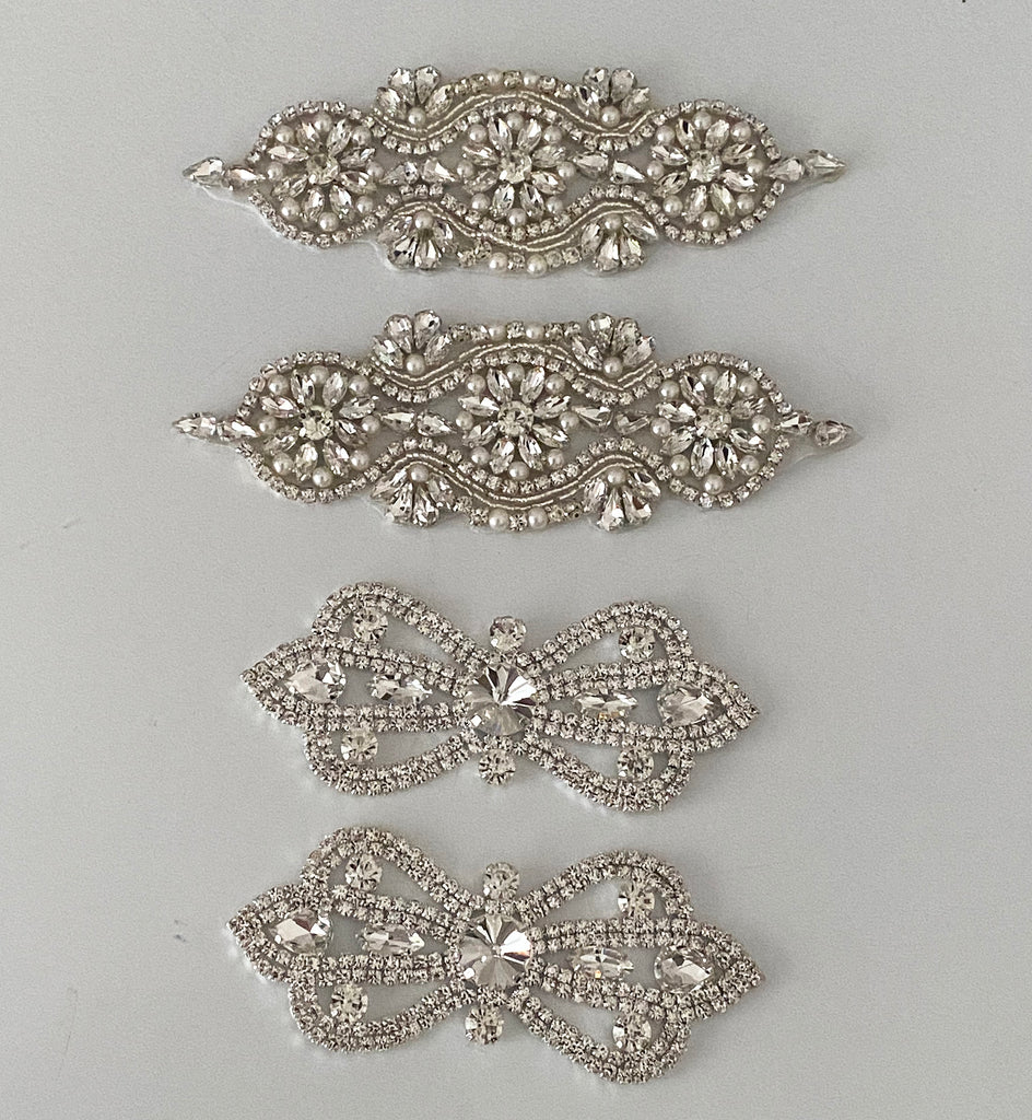 Craftuneed Bundle 4pcs Iron on Silver Rhinestones embellishment motif crystal beads applique patch
