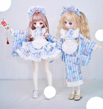 BJD Kimono Outfit with Double Skirt Hem Yukata Dress Apron & Headband For 1/6 1/4 1/3 Scale Dolls