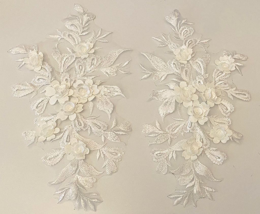 Craftuneed A Mirror Pair off white colour 3d floral lace applique sew on embroidered sequins lace motif patch