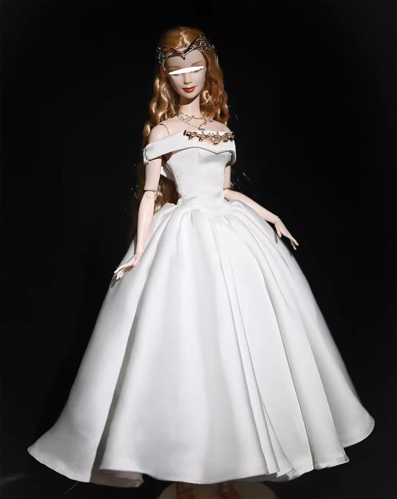 Craftuneed 1:6 Scale Luxury off White colour Miniature Doll Off Shoulder Ball Gown Dress with Rhinestone Details & Necklace for fashion Dolls Handmade