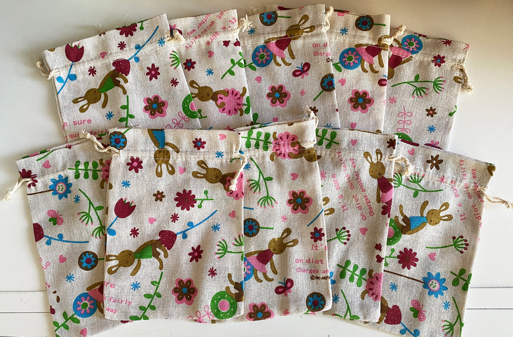 Bundle 10pcs Cute Bunny and Flower Drawstring Gift Bags Natural Linen Pouch Bag