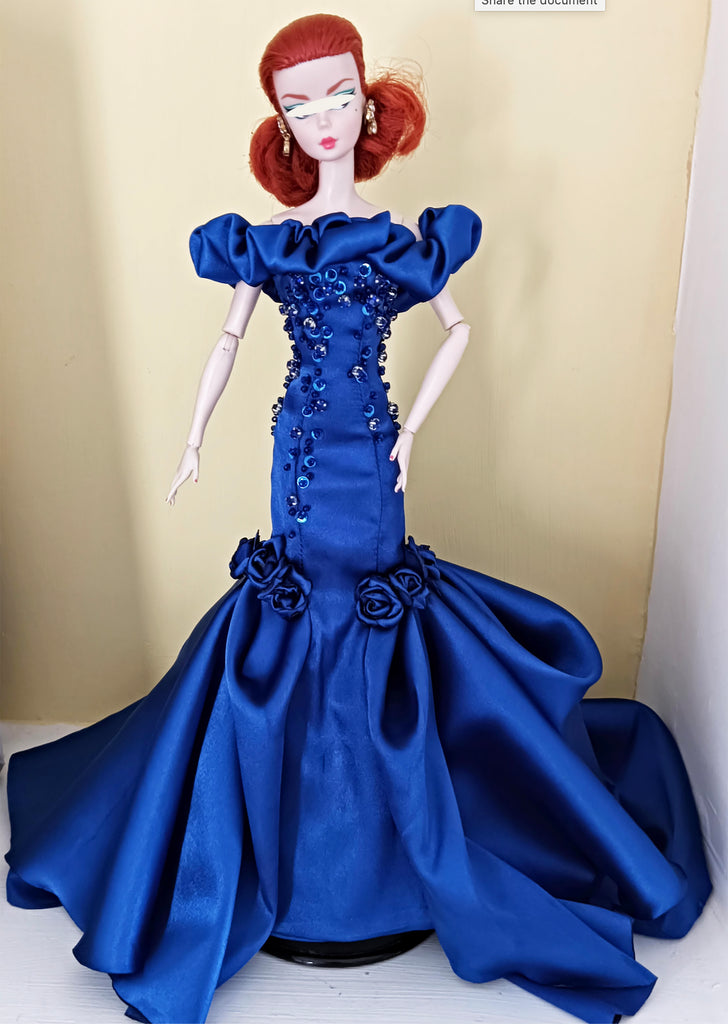 Craftuneed 1:6 Scale miniature doll Royal Blue Ball Gown Dress Beaded Evening Dress with Ruffle and Rose Details