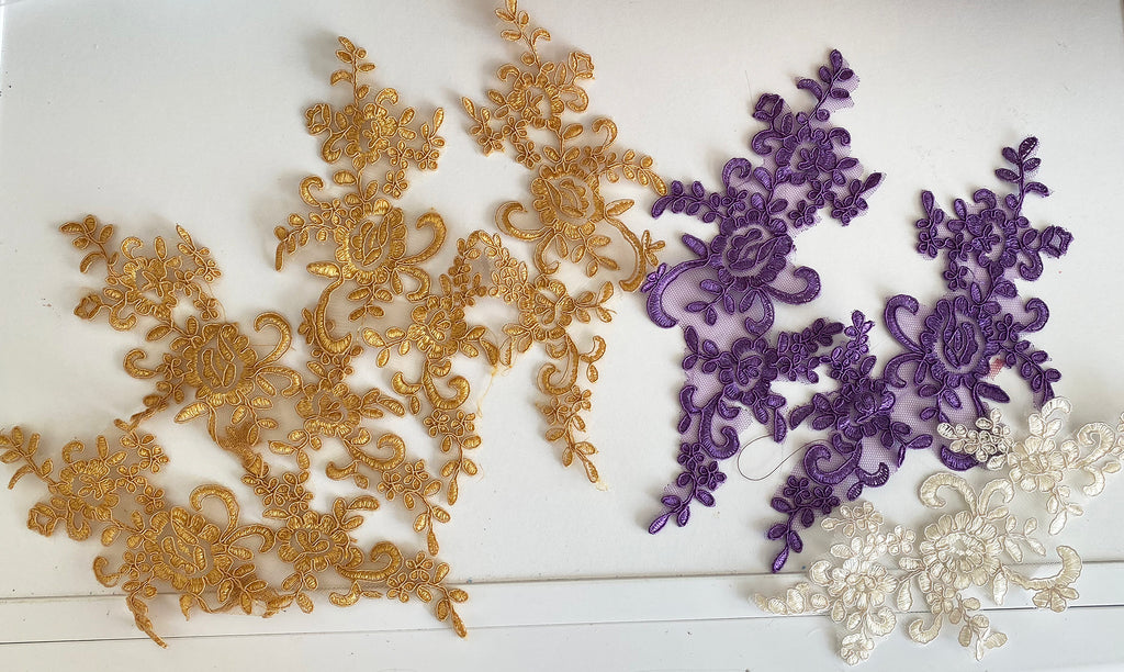 Craftuneed Bundle 7pcs Champagne Gold Lilac Purple Floral lace applique Sew on Embroidered tulle lace motif patch