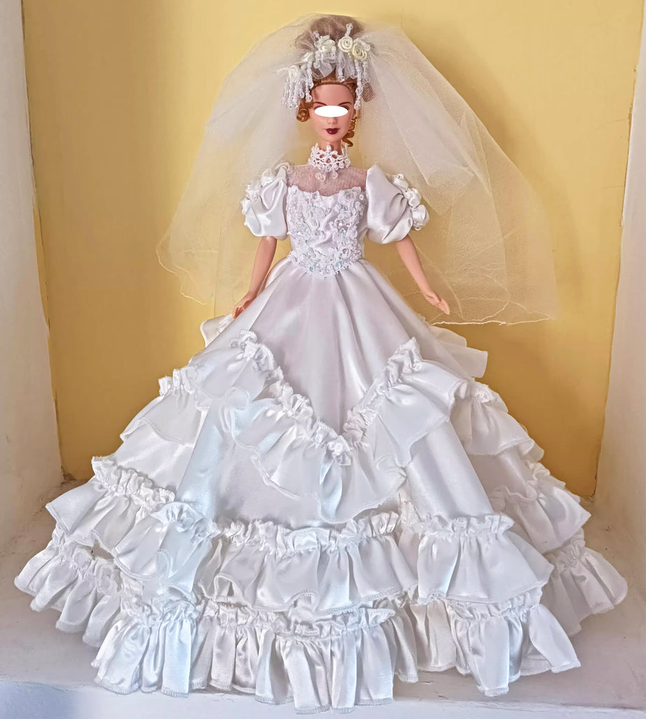 Craftuneed 1:6 miniature 90s Inspired Vintage Doll Wedding Gown Bridal Dress and Veil with ruffle details Handmade