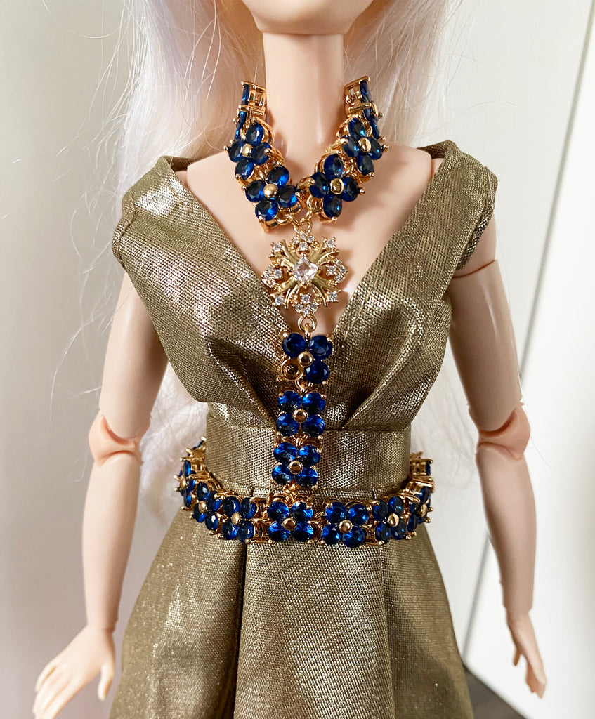 Craftuneed 1:6 miniature handmade doll necklace and waist chain jewellery set with royal blue crystal details