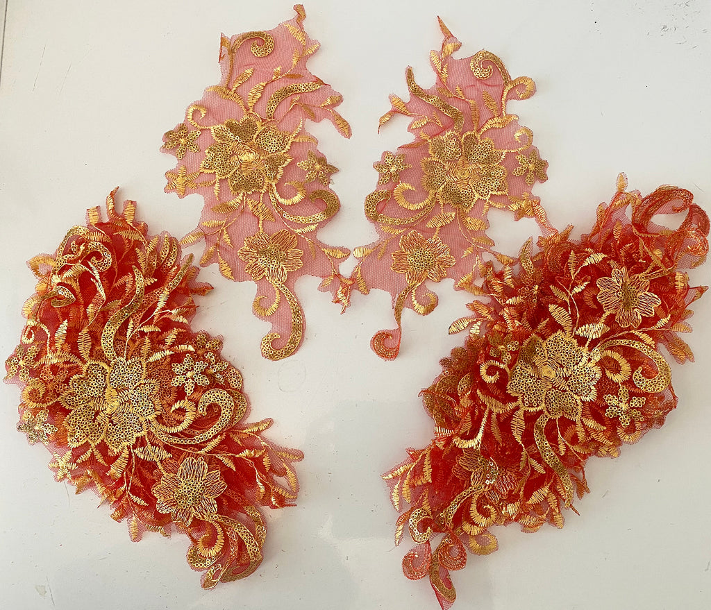 Craftuneed Bundle 15pcs gold sequins embroidered lace applique sew on red floral sequins tulle motif