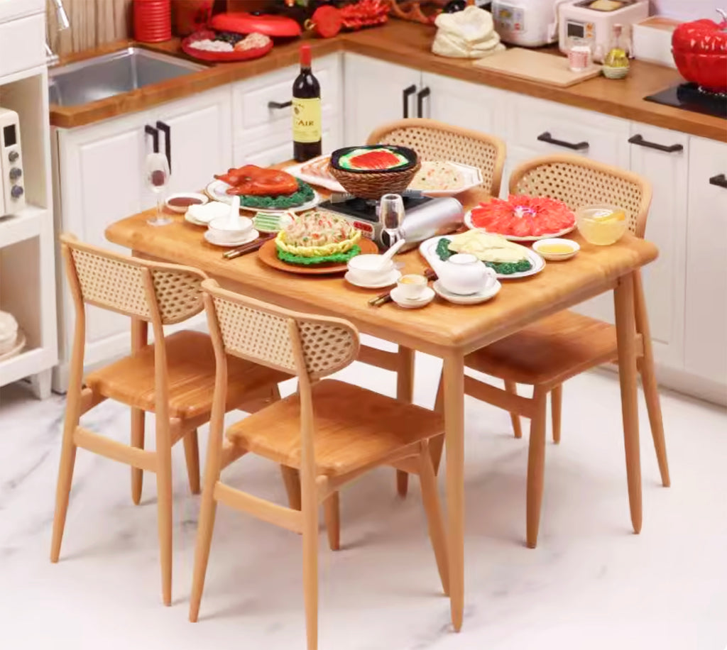 Craftuneed 1:6 Scale Miniature Brown Dining Table and Chairs Set Dollhouse Wooden Kitchen Dining Room Doll furniture