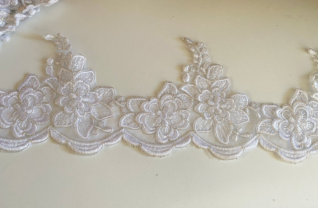 Craftuneed Bundle 3.5 Meters white & Silver cords floral lace trim on organza Bridal Embroidered Dress lace trimming