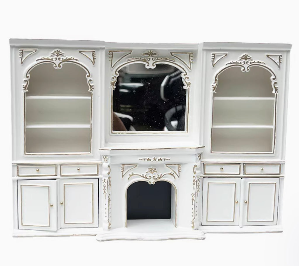 Craftuneed 1:12 Scale Miniature Dollhouse Victorian Style Fireplace Display Cabinet with Shelves & Mirror Doll Storage Furniture