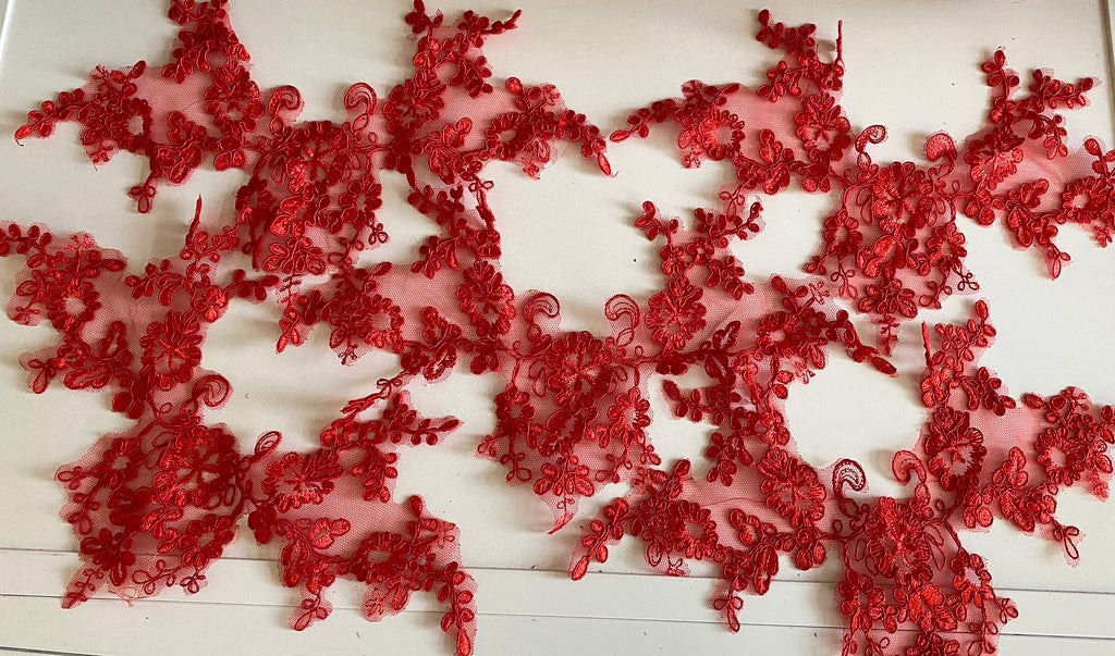 Craftuneed Bundle 5pcs Red tulle lace applique sew on embroidered floral lace motif patch