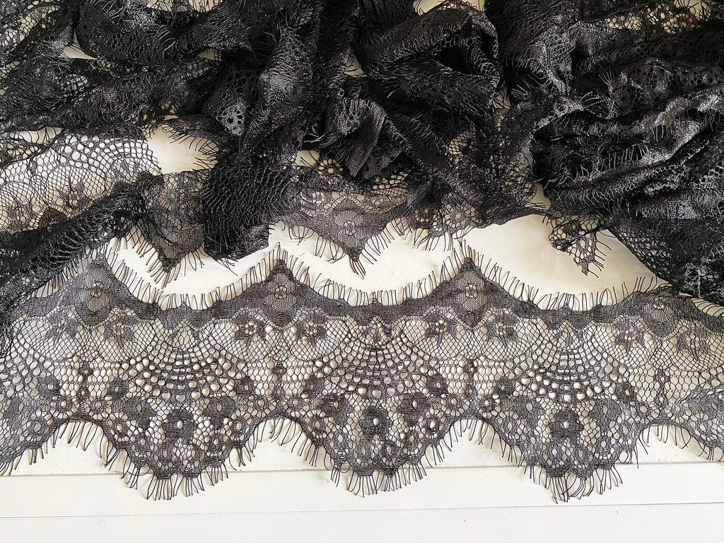 Craftuneed Bundle 5.98Meters eyelash style black floral lace trim soft cotton embroidered lace dress trimming